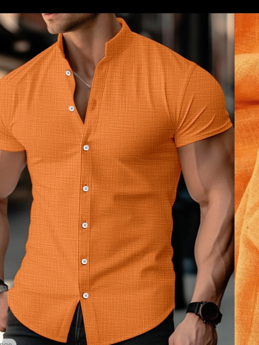 Men's Short Sleeve Mandarin Button-Down Shirt - Orange